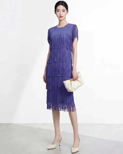 Fringe Pleated Midi Dress