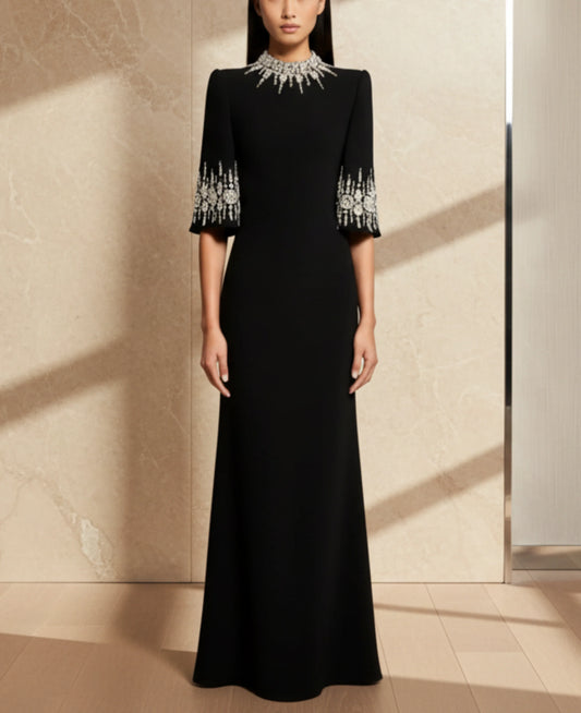 High Neck 3/4 Sleeve Formal Dress Women – Embellished Neckline Dress – Sparkling Evening Dress – Designer Cocktail Dress