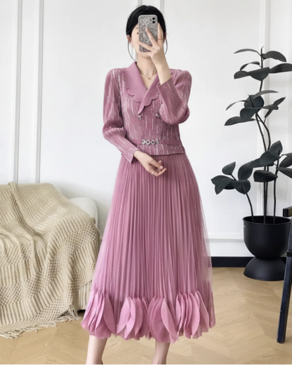 Luxury Japanese Pleated Plissé Long Sleeve Formal Midi Dress – Petite Dress for Women – Modest Designer Evening Dress