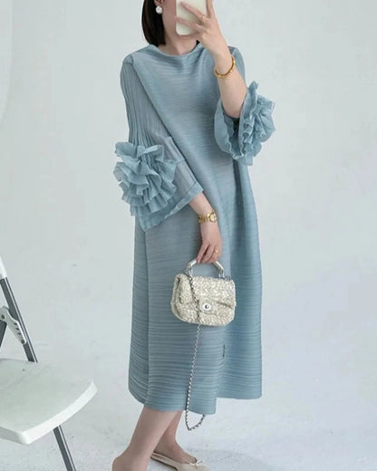 Luxe Floral-Sleeve Pleated Dress