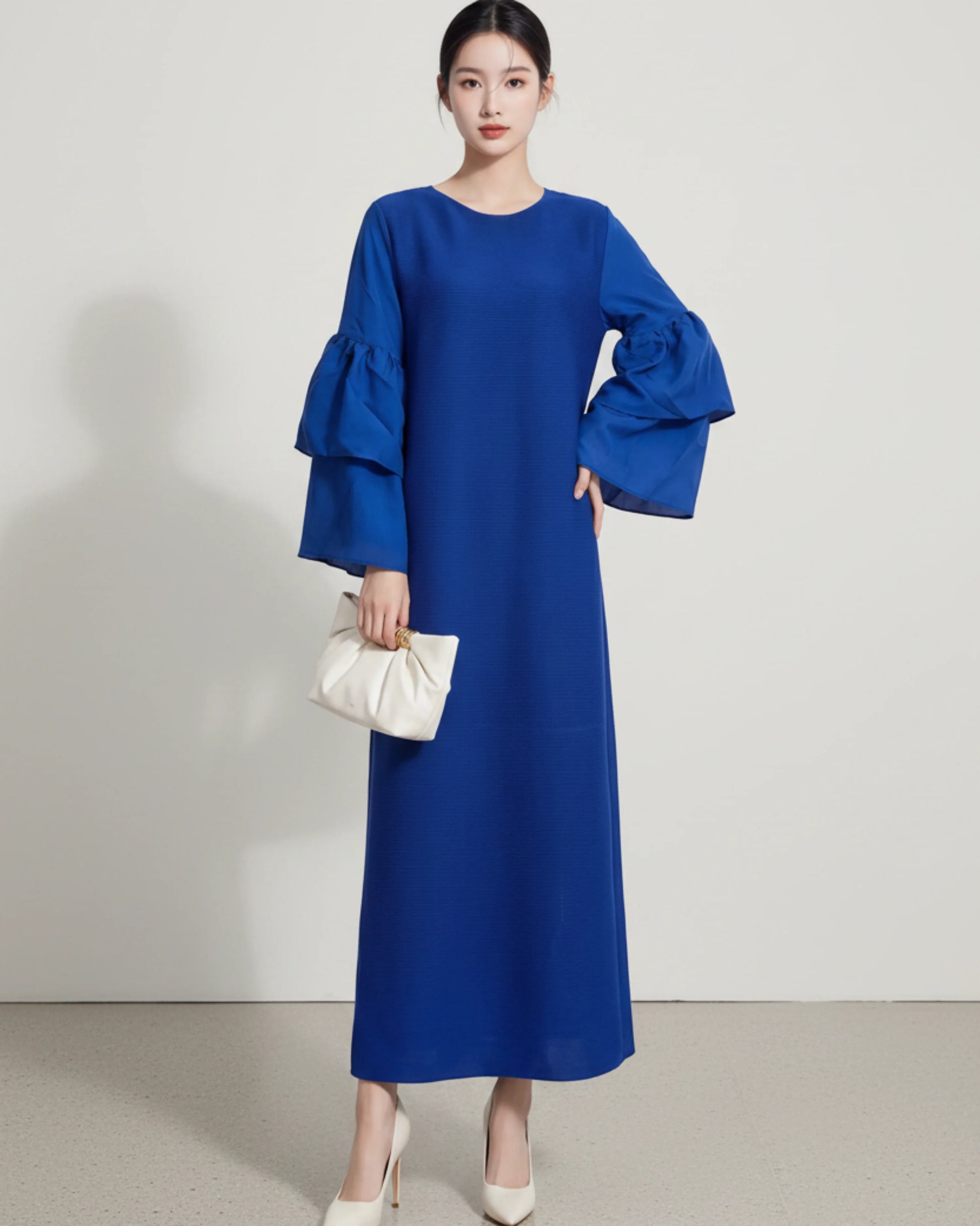 Luxury Pleated Plisse Ruffle Sleeve Midi Dress Women – Japanese Designer Petite Asian Fit