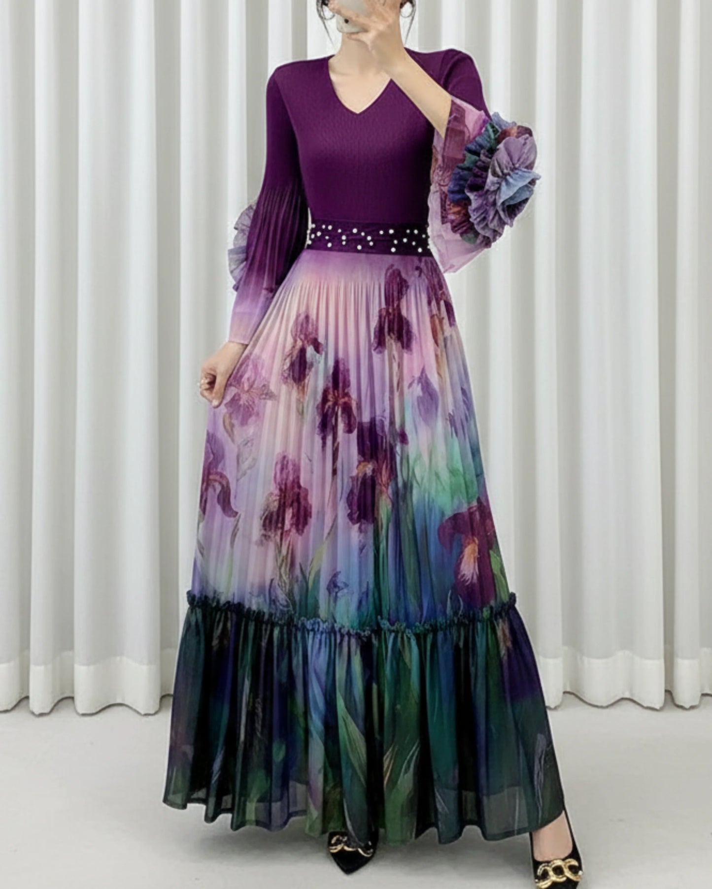 Pleated Formal Dress Women – Bell Sleeve Lightweight Dress – Plissé Elegant Caftan Dress – Petite Occasion Dress