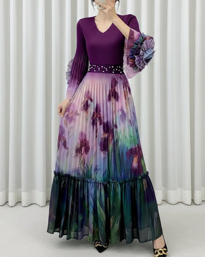 Pleated Formal Dress Women – Bell Sleeve Lightweight Dress – Plissé Elegant Caftan Dress – Petite Occasion Dress