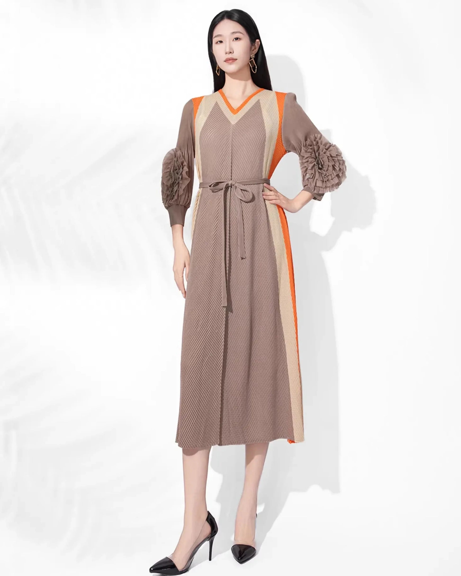 Pleated Midi Dress Women Puff Sleeve Plissé Self-Tie Japanese-Designer