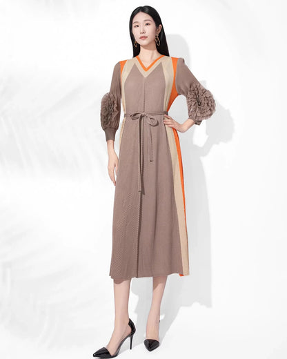 Pleated Midi Dress Women Puff Sleeve Plissé Self-Tie Japanese-Designer