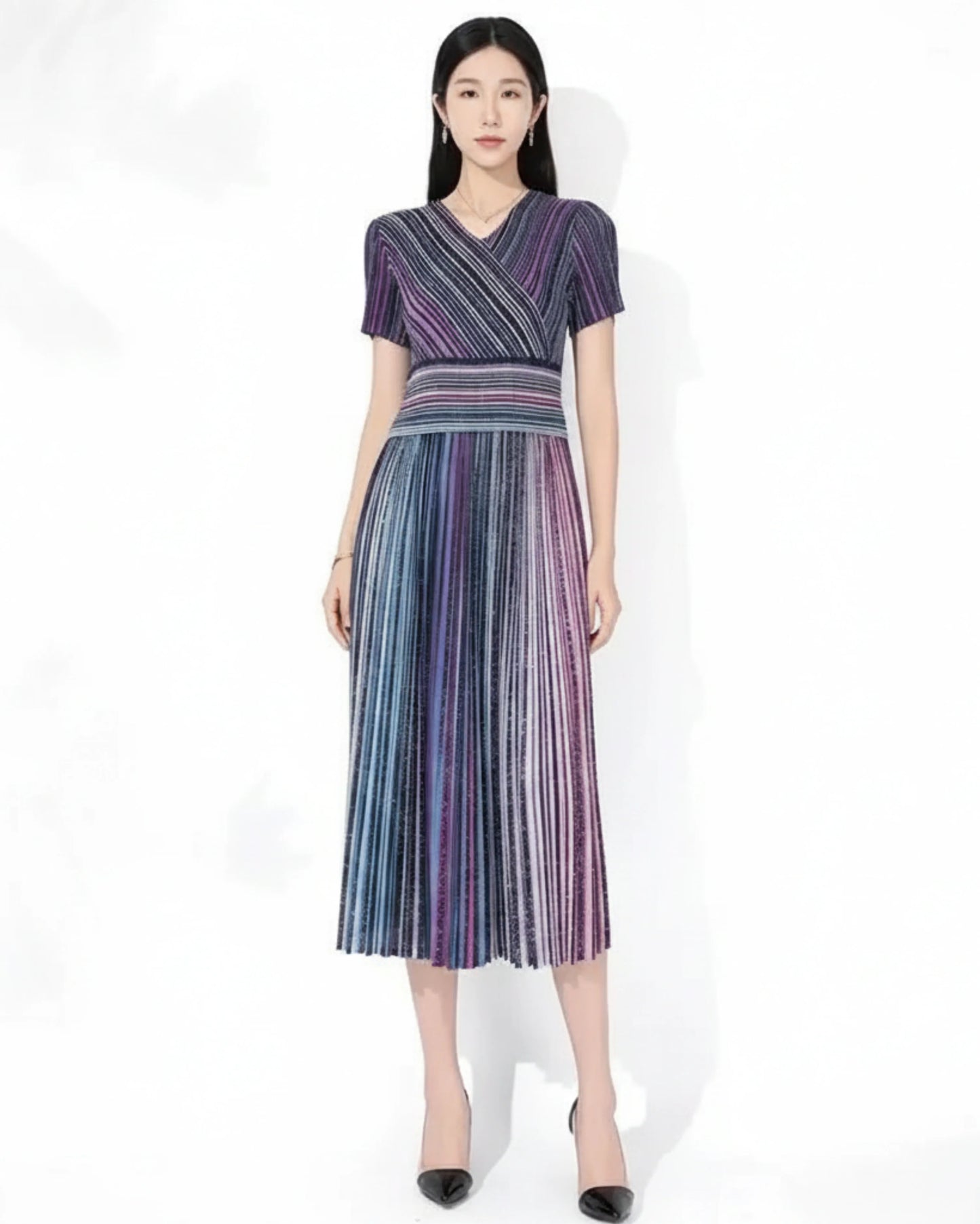 Plissé Ombré Stripe Crossover V-Neck Midi Dress Petite Japanese Designer