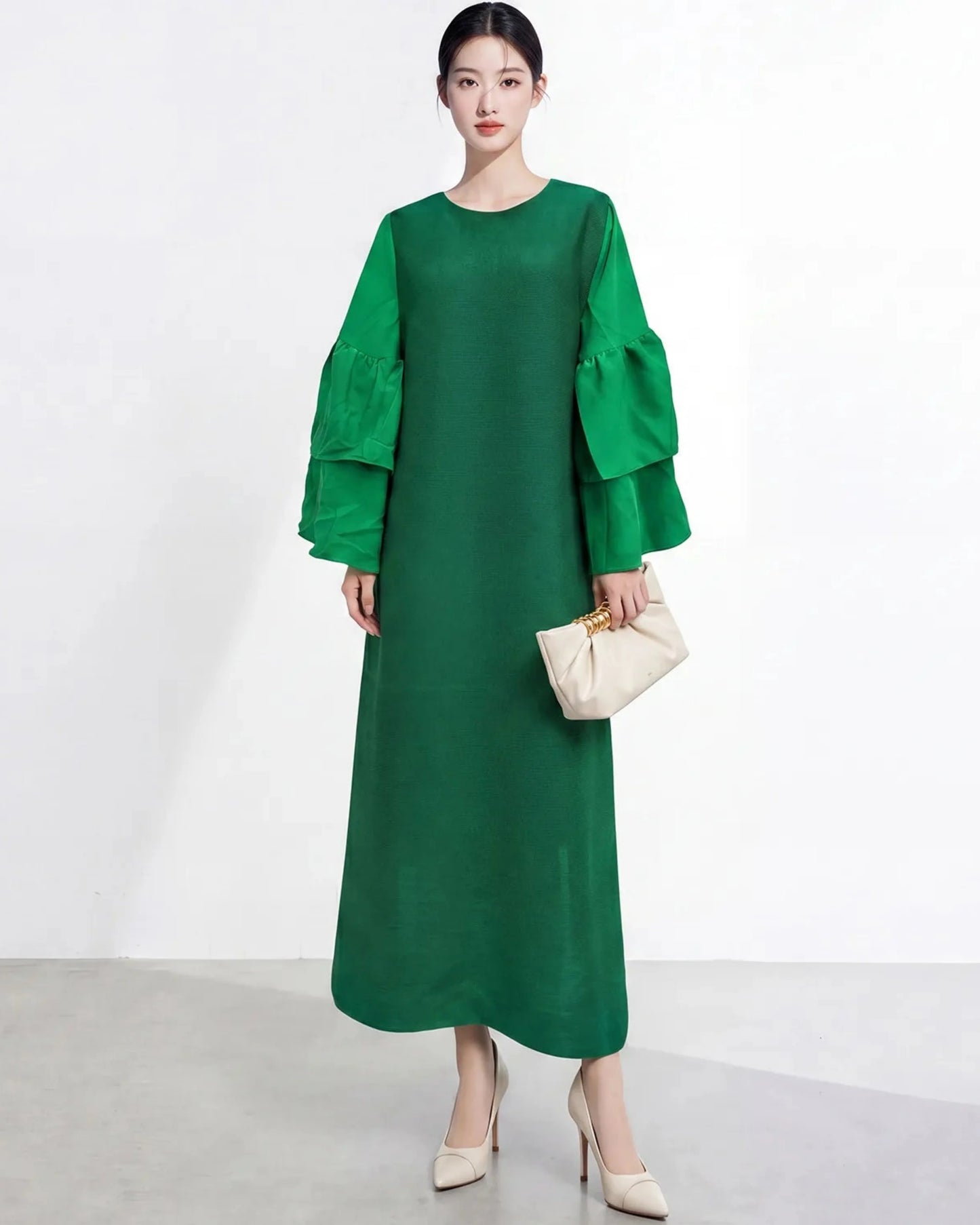 Luxury Ruffle Sleeve Plisse Dress
