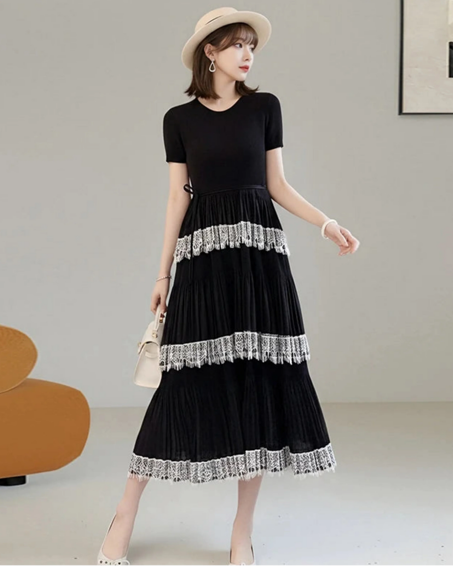 Luxury Pleated Lace Tiered Dress