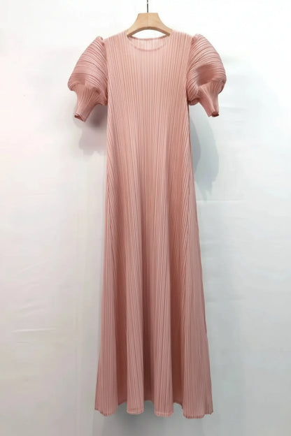 Unique Puff-Sleeve Pleated Dress