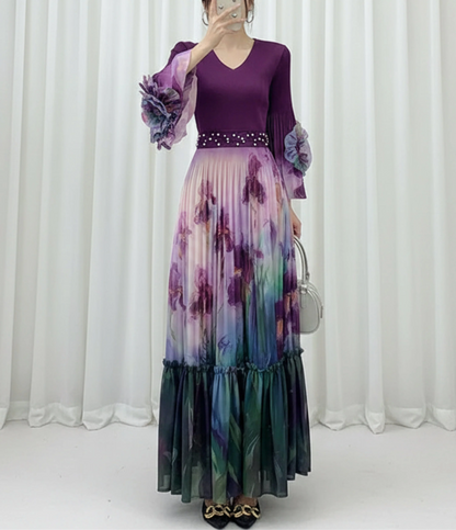 Luxury Bell Sleeve Pleated Dress