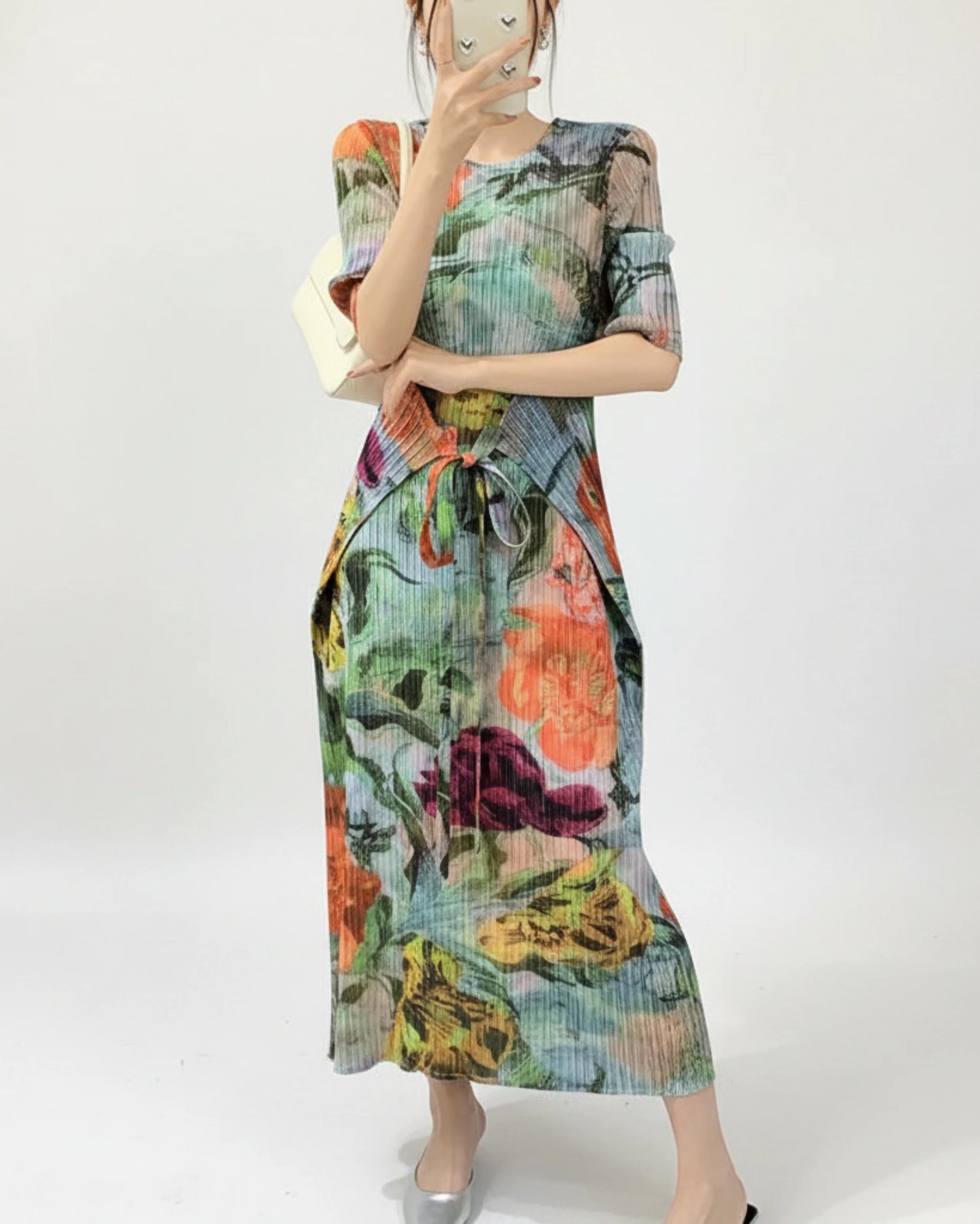 Elegant Botanical Pleated Dress