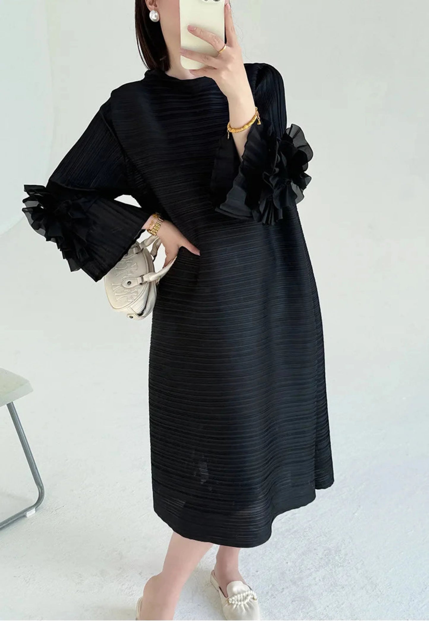 Luxe Floral-Sleeve Pleated Dress