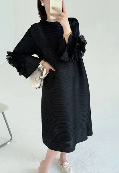 Luxe Floral-Sleeve Pleated Dress