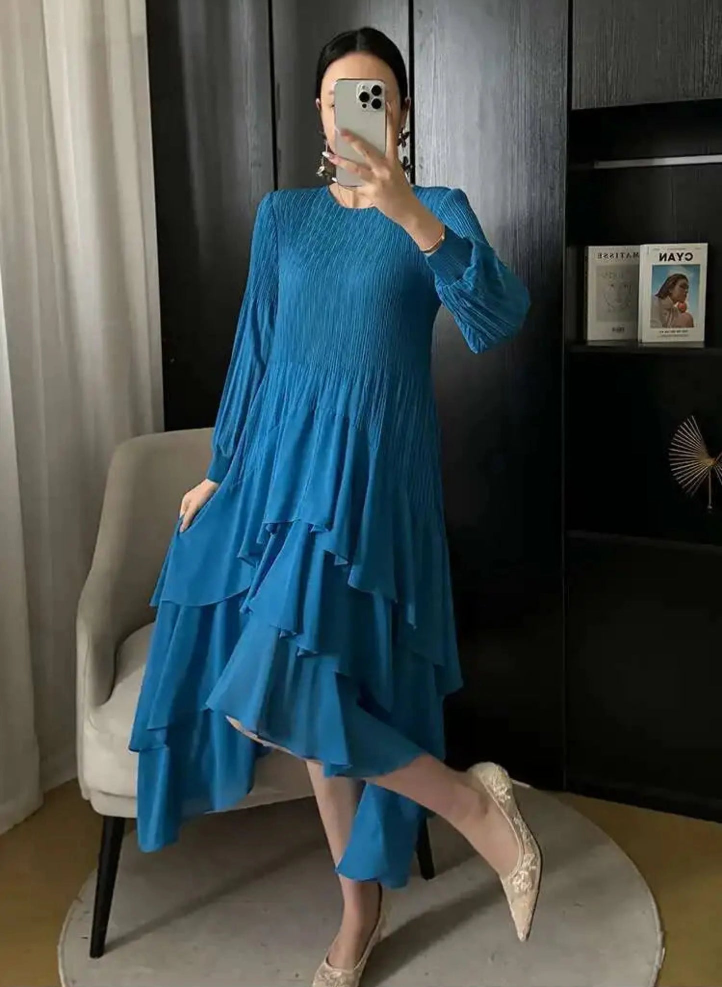 Asymmetric Fluid Pleated Dress