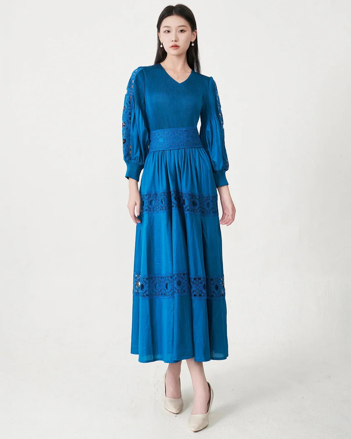 Luxury Fitted-Waist Plissé Dress