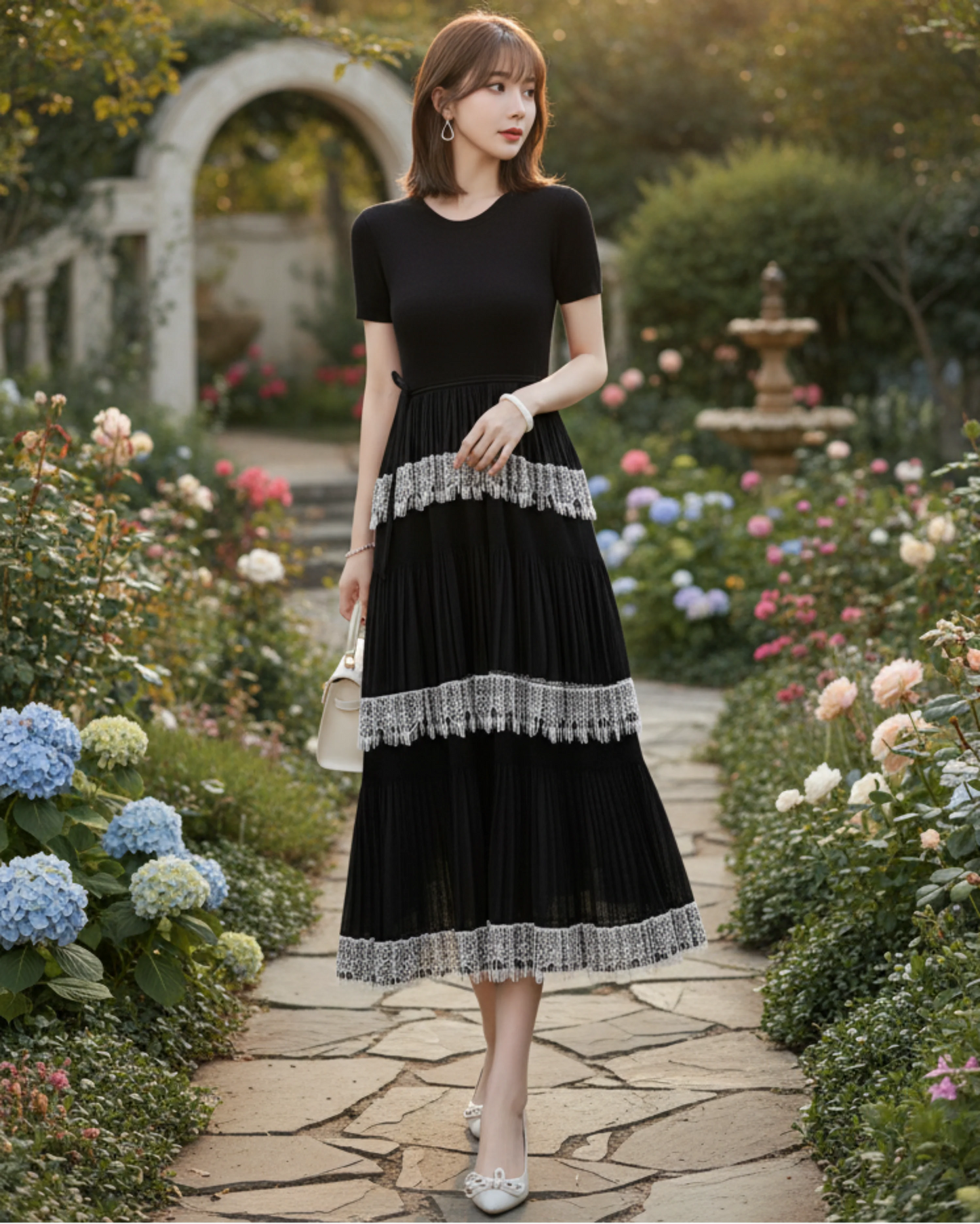 Luxury Pleated Lace Tiered Dress