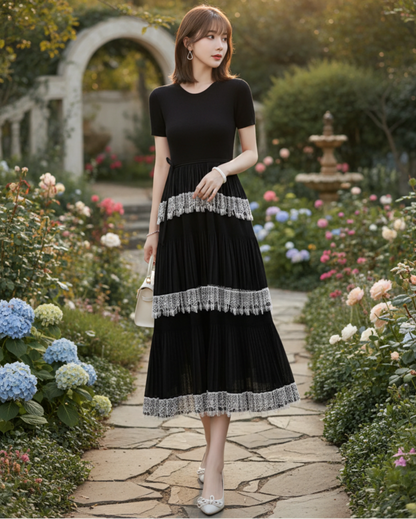 Luxury Pleated Lace Tiered Dress