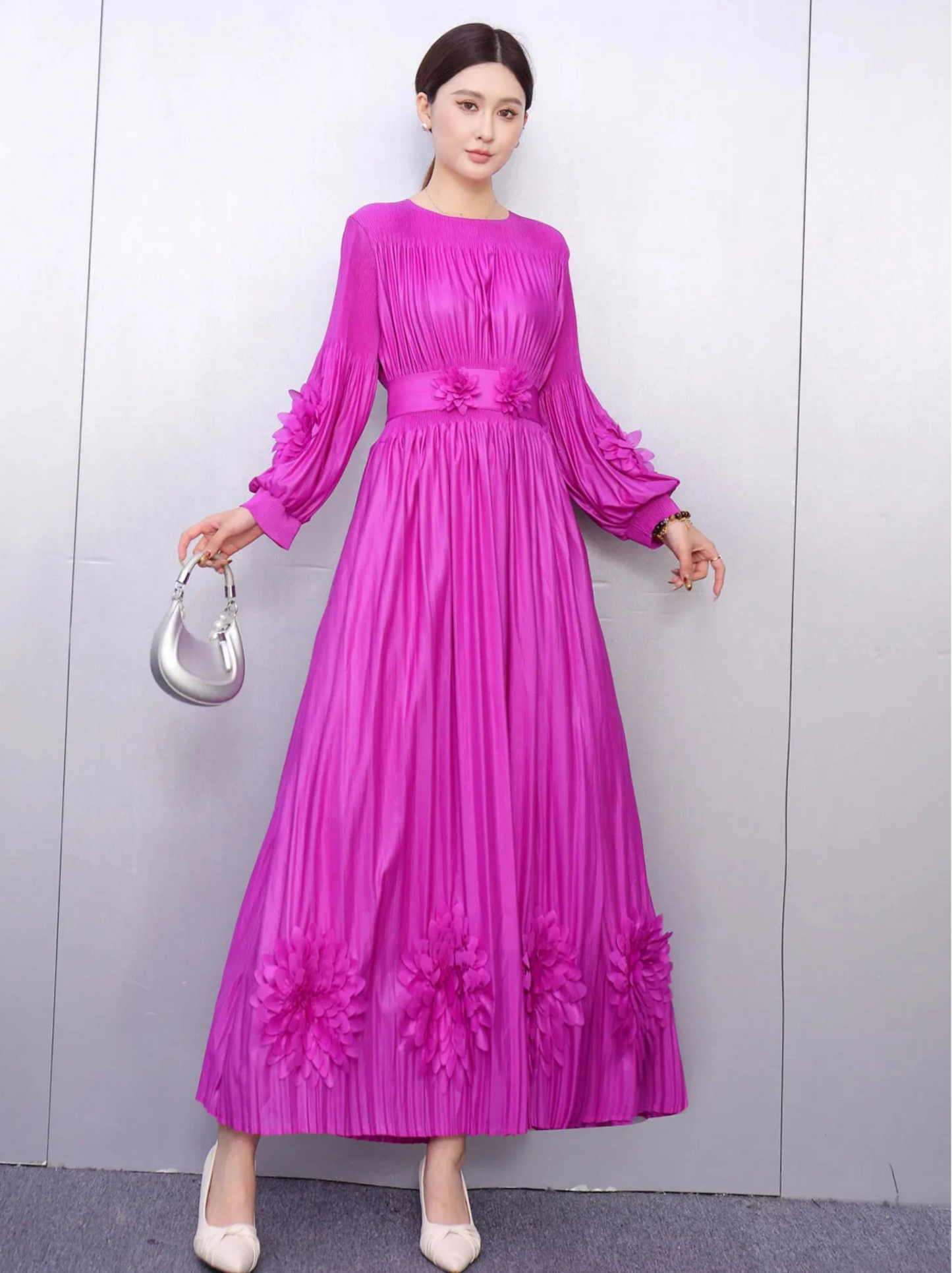 Floral Plissé Long Sleeve Dress