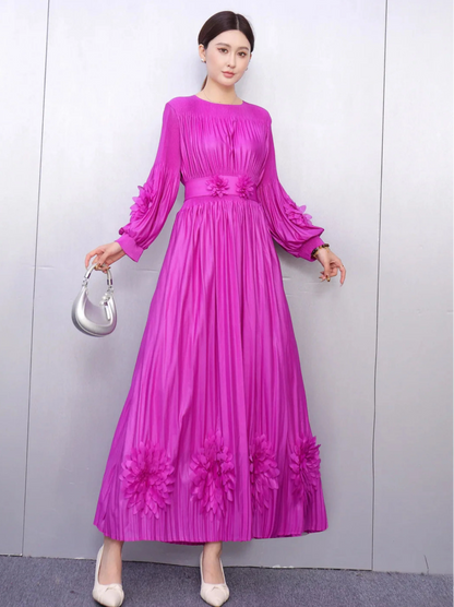 Floral Plissé Long Sleeve Dress