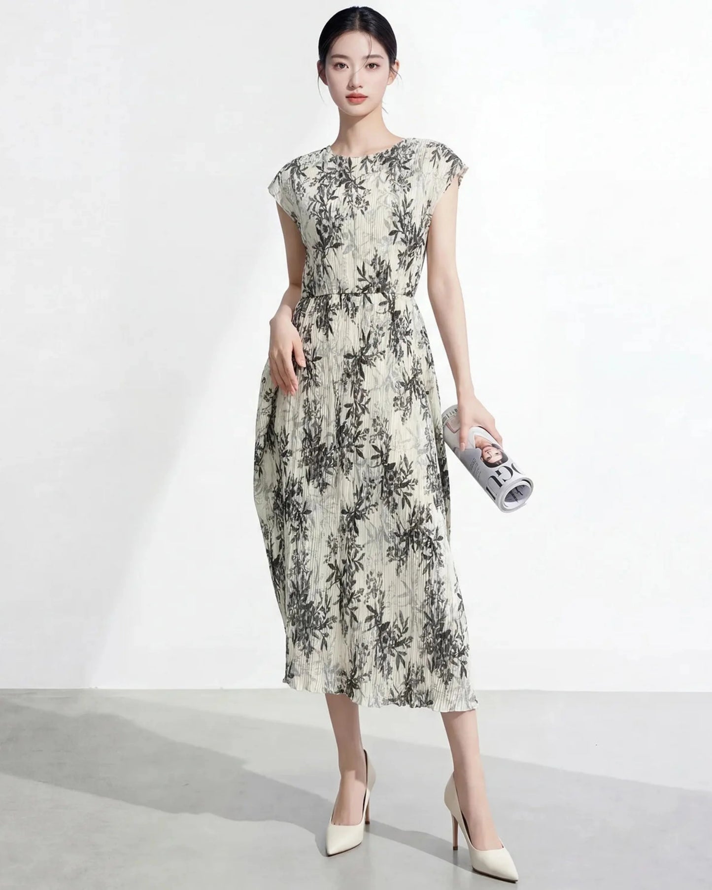 Luxury Botanical Pleated Dress