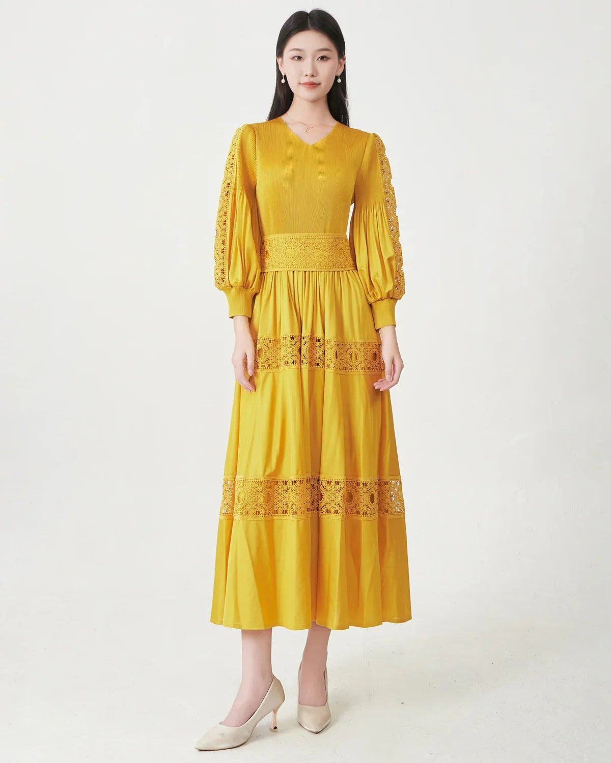 Luxury Fitted-Waist Plissé Dress