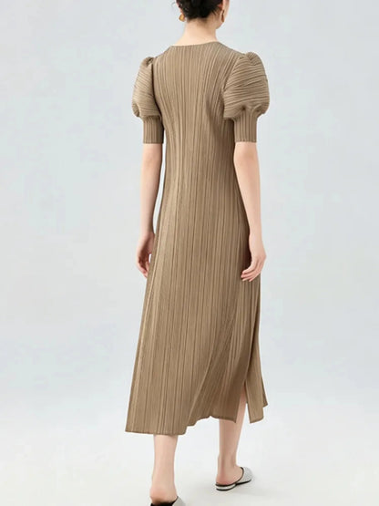 Unique Puff-Sleeve Pleated Dress