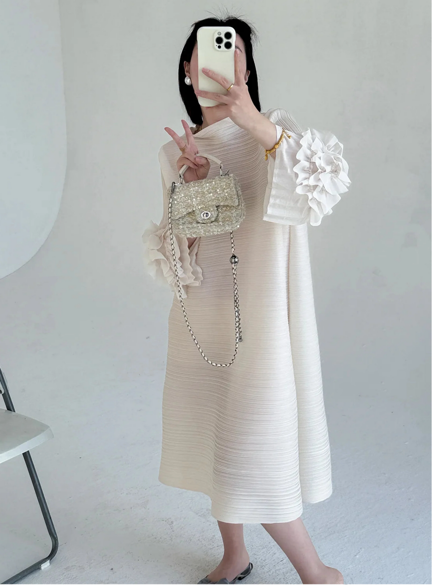 Luxe Floral-Sleeve Pleated Dress