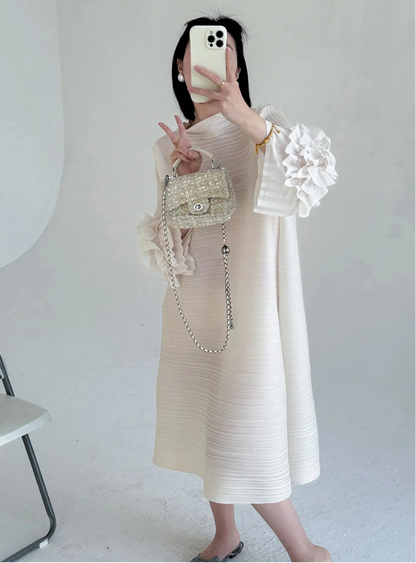 Luxe Floral-Sleeve Pleated Dress