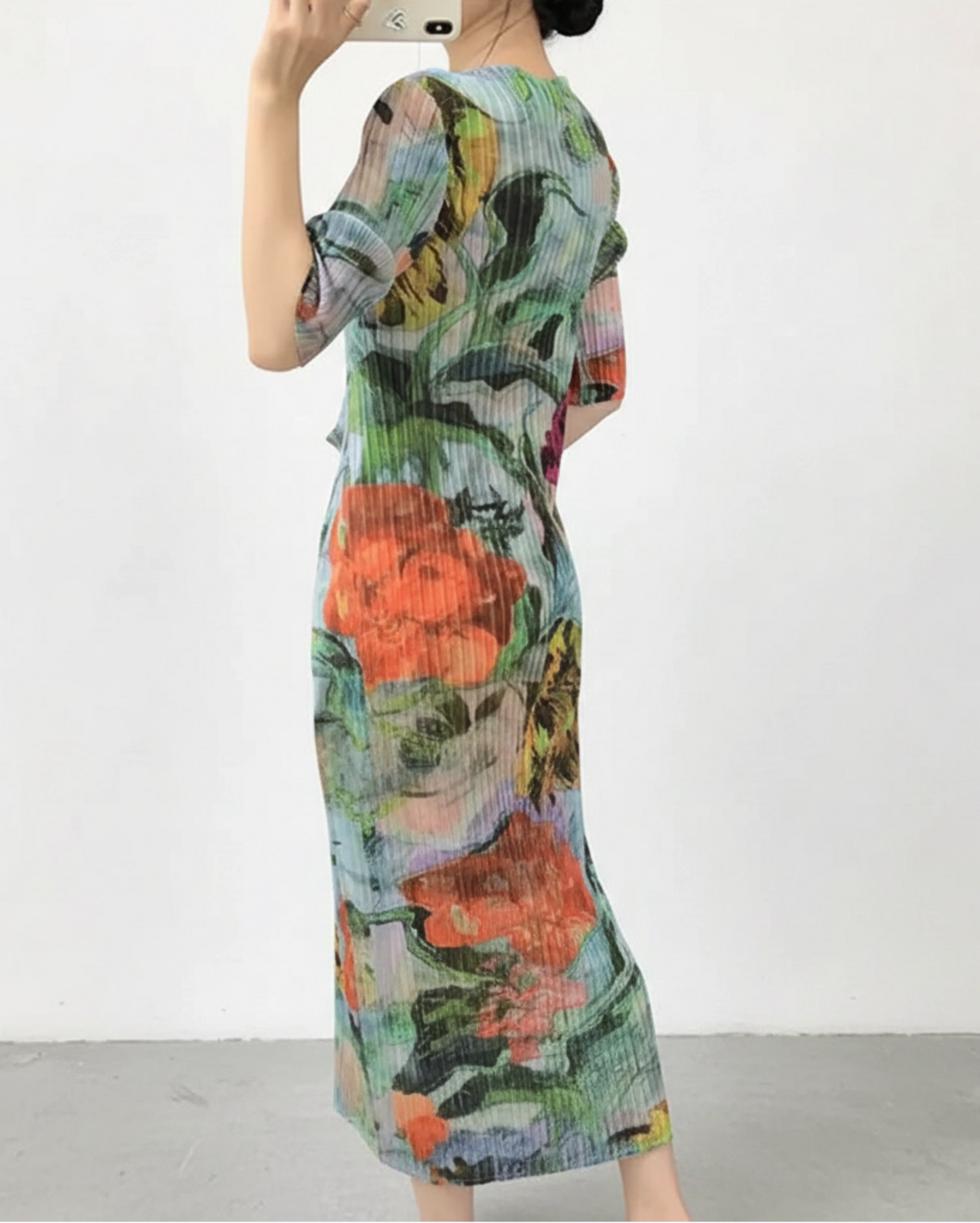 Elegant Botanical Pleated Dress