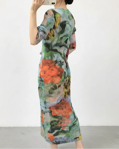 Elegant Botanical Pleated Dress