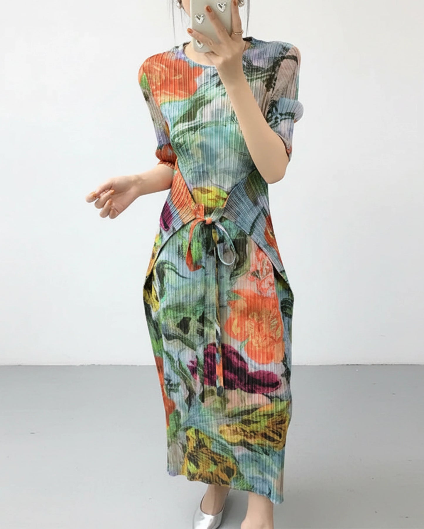 Elegant Botanical Pleated Dress