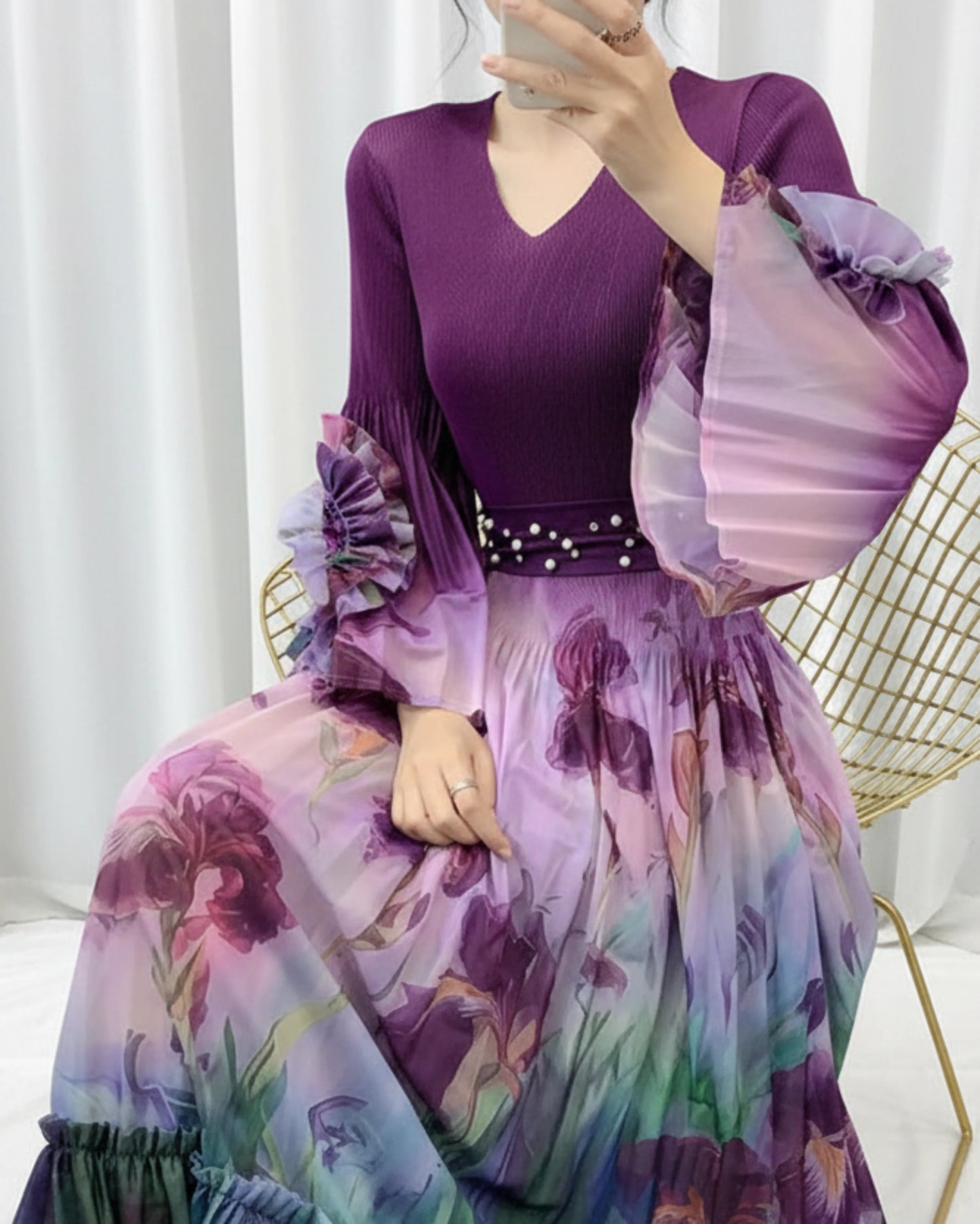 Luxury Bell Sleeve Pleated Dress