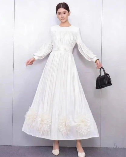 Floral Plissé Long Sleeve Dress