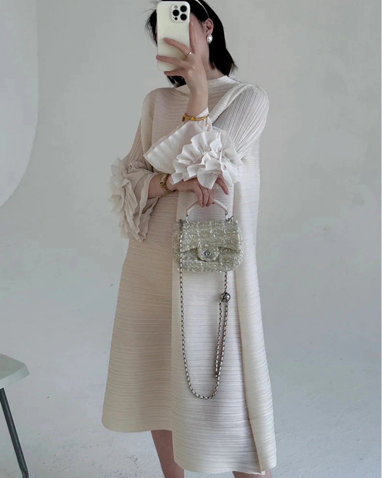 Luxe Floral-Sleeve Pleated Dress