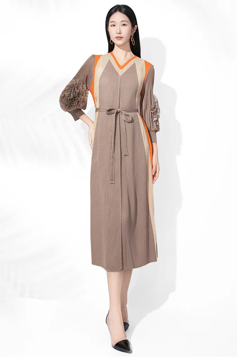 Plissé Midi Dress with Self-Tie