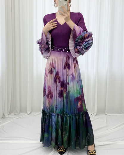 Luxury Bell Sleeve Pleated Dress