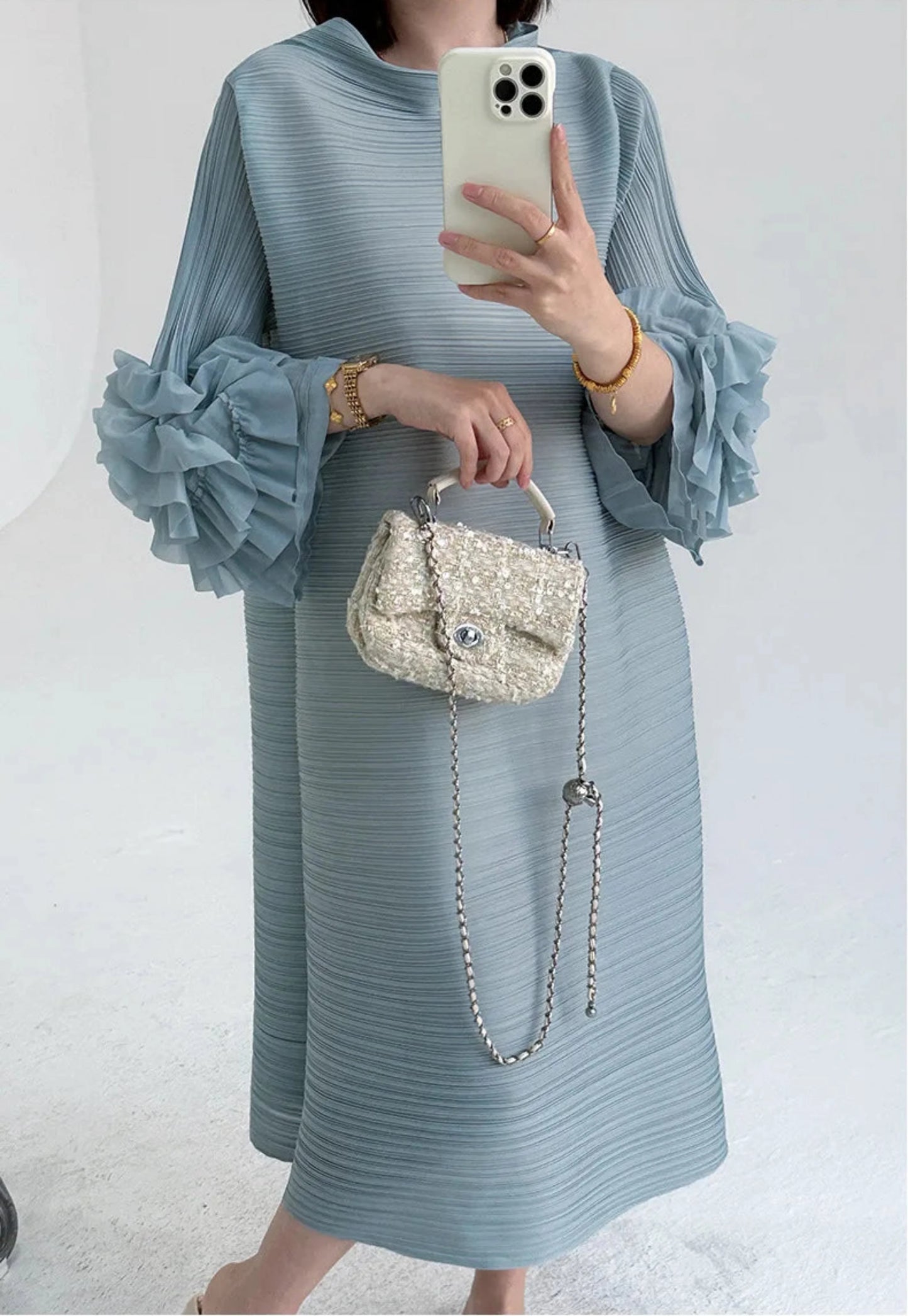 Luxe Floral-Sleeve Pleated Dress