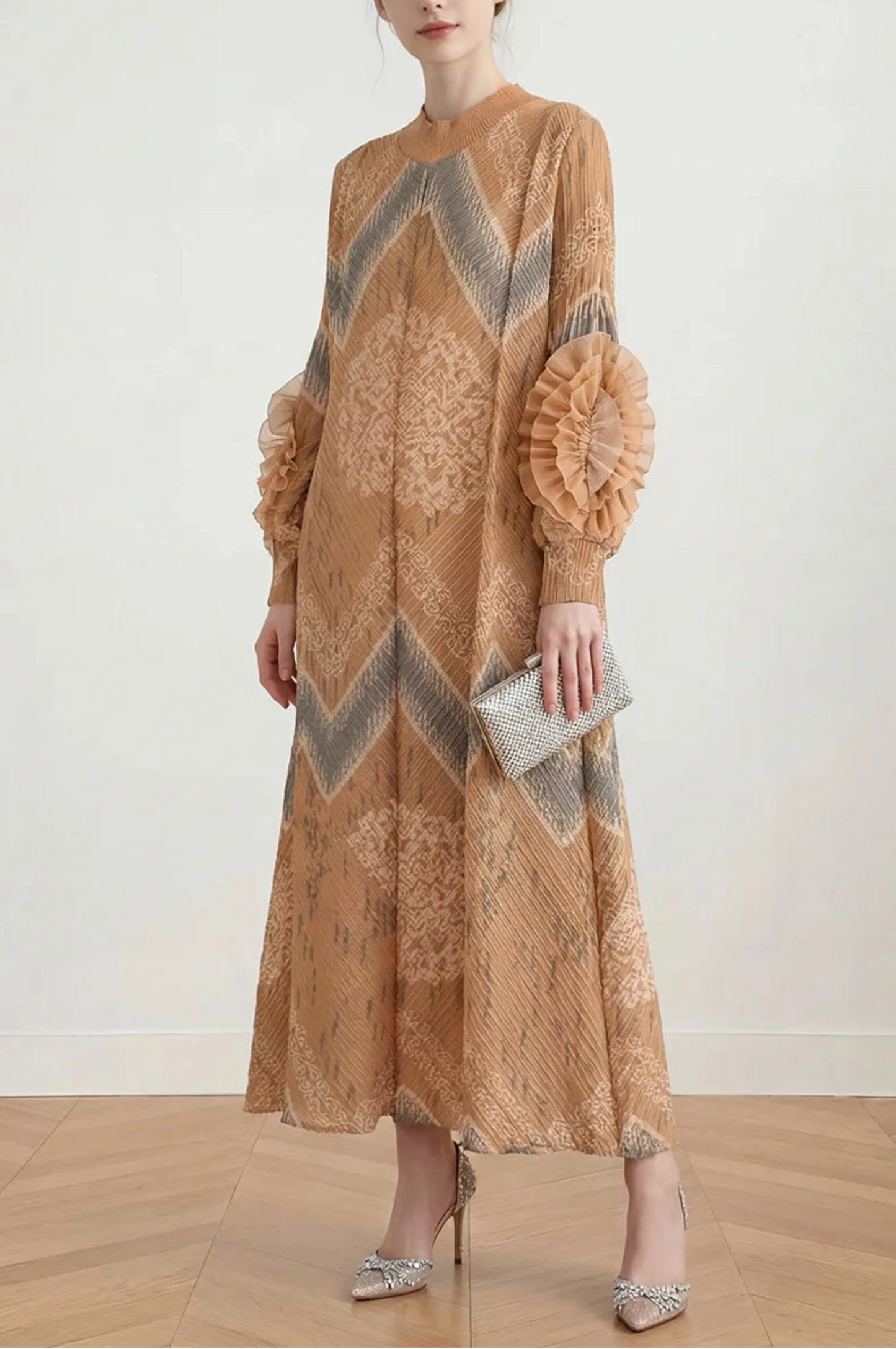 Plissé Ruffle-Sleeve Dress