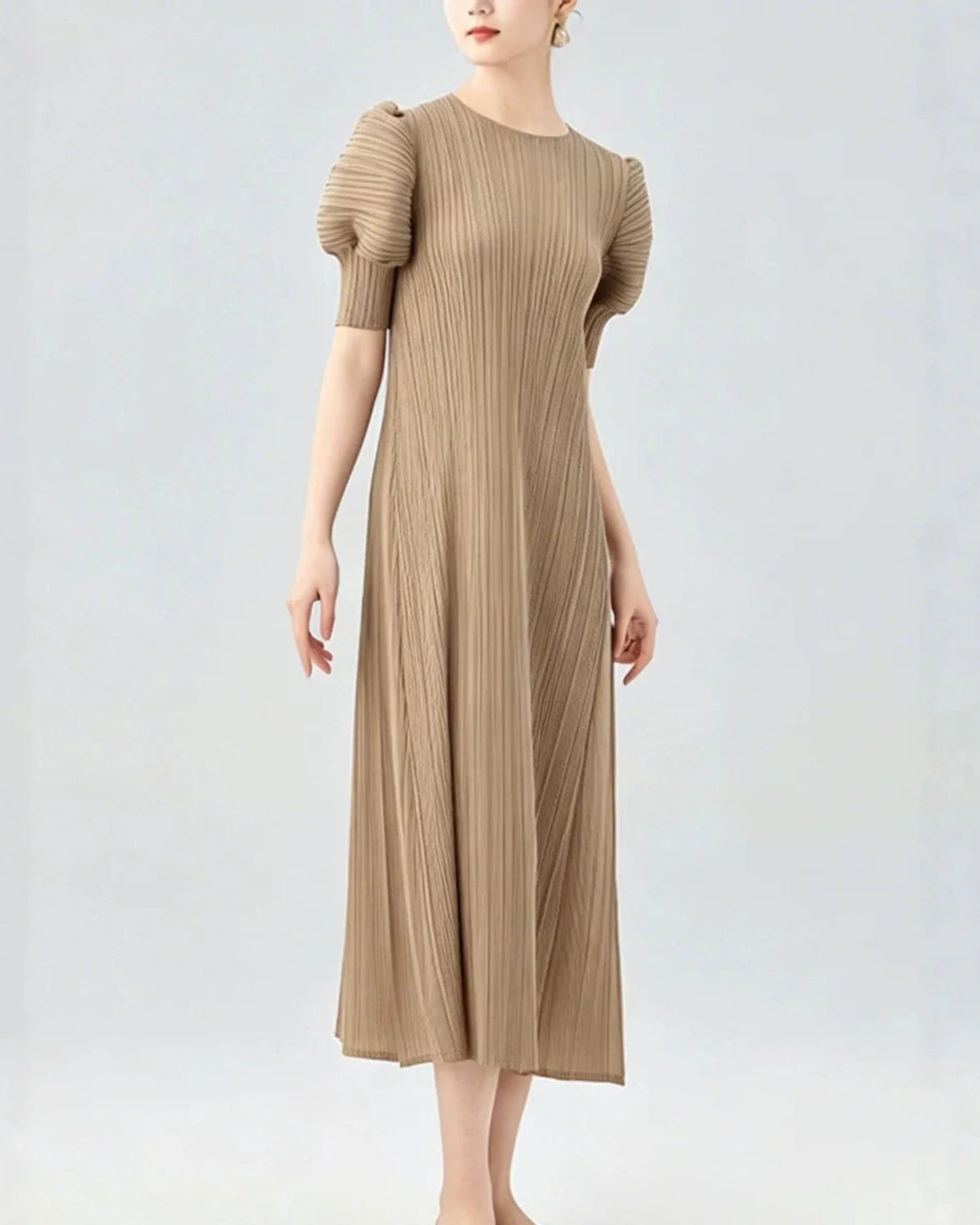 Unique Puff-Sleeve Pleated Dress