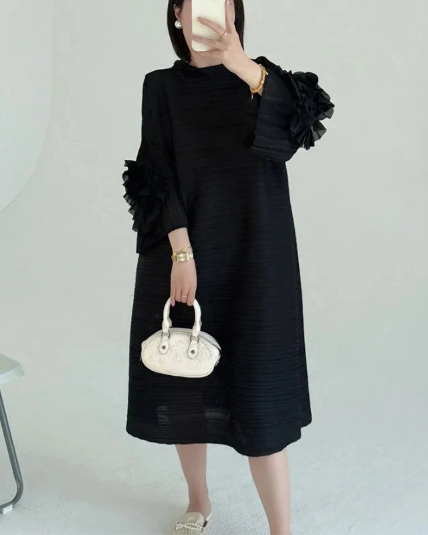 Luxe Floral-Sleeve Pleated Dress