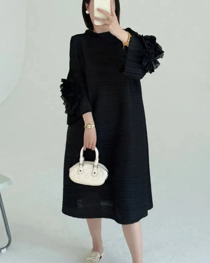 Luxe Floral-Sleeve Pleated Dress