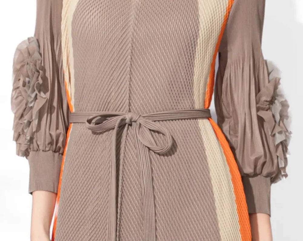 Plissé Midi Dress with Self-Tie