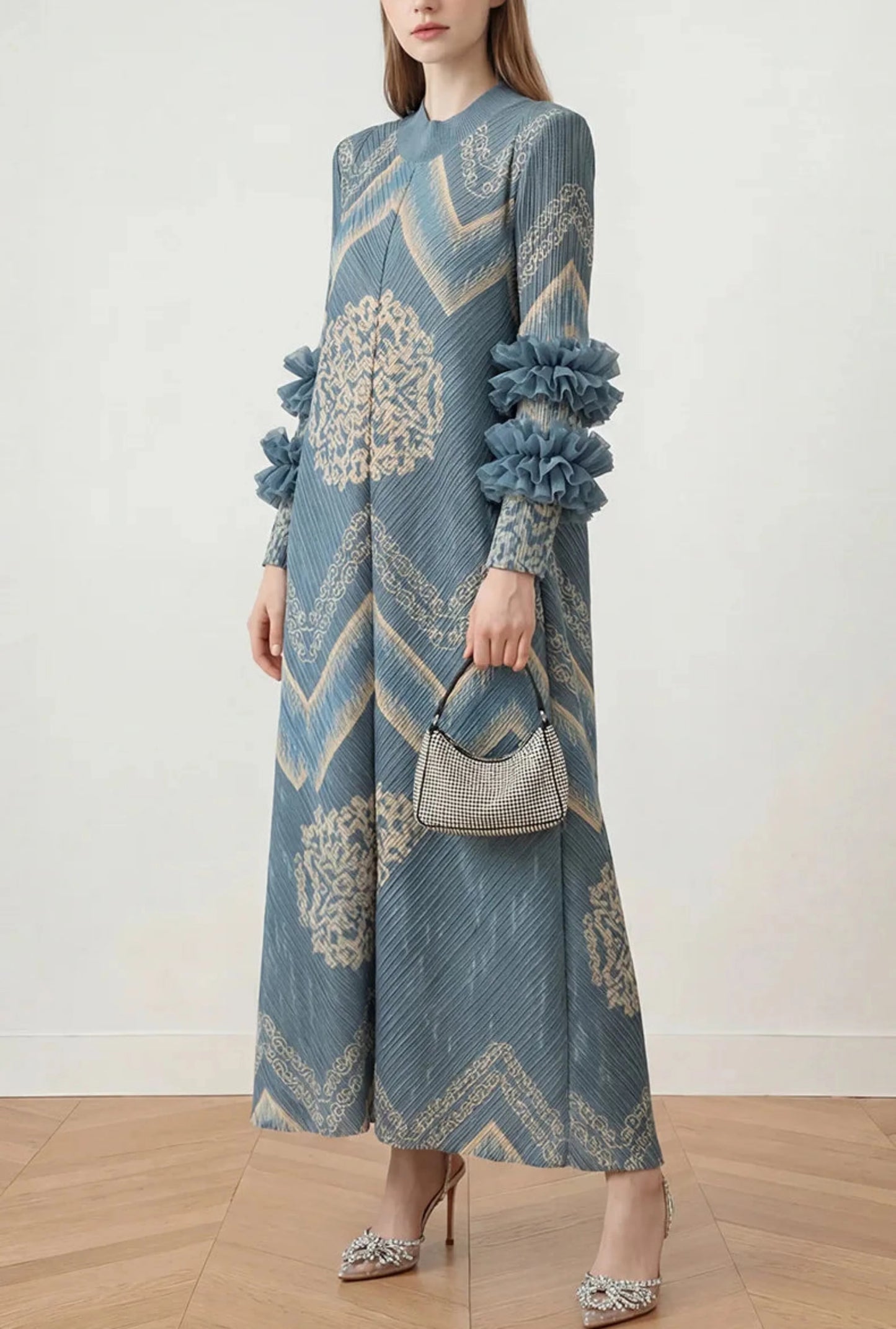 Plissé Ruffle-Sleeve Dress