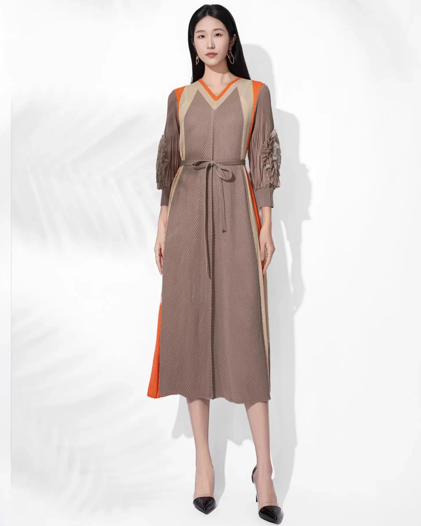 Plissé Midi Dress with Self-Tie