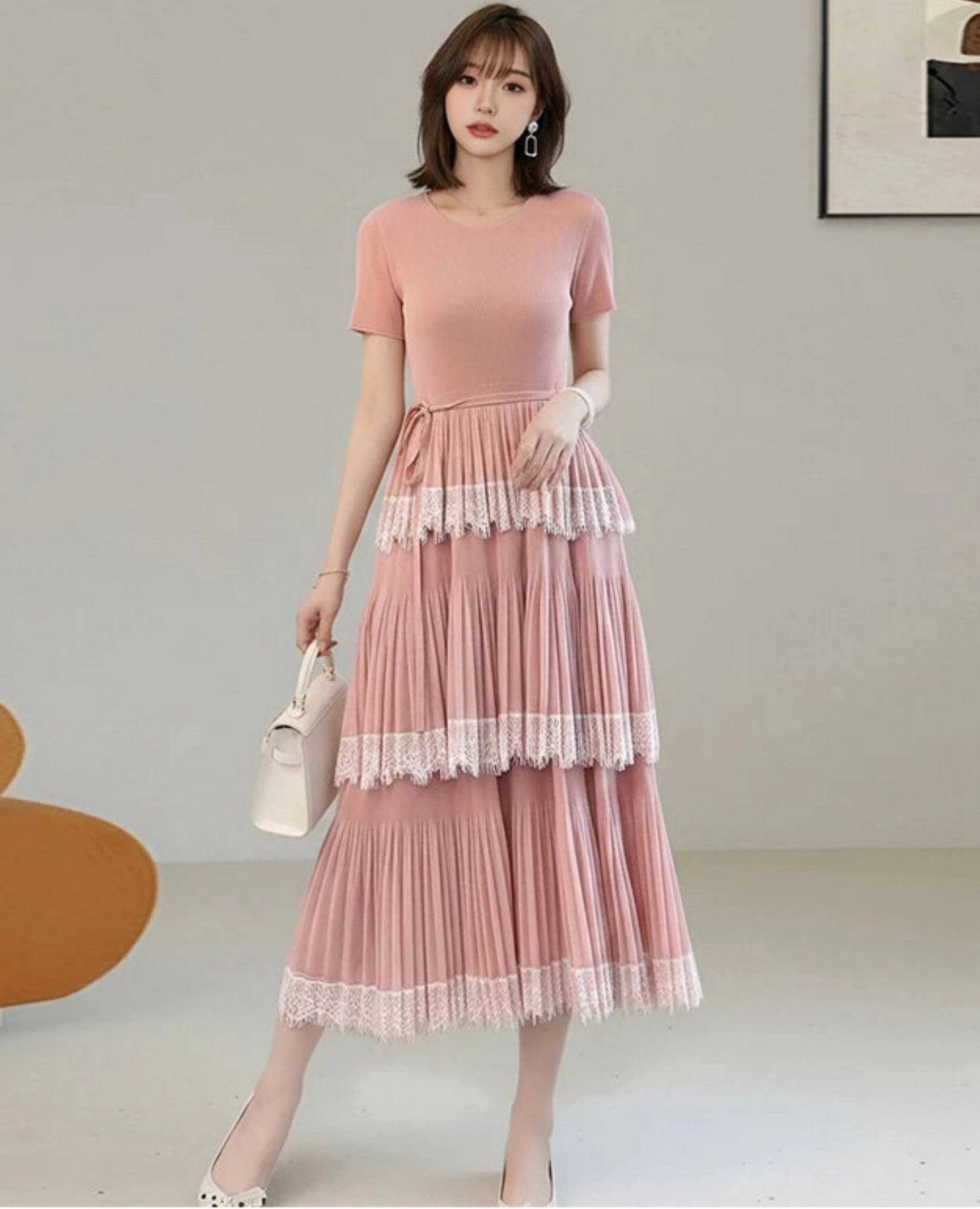 Luxury Pleated Lace Tiered Dress