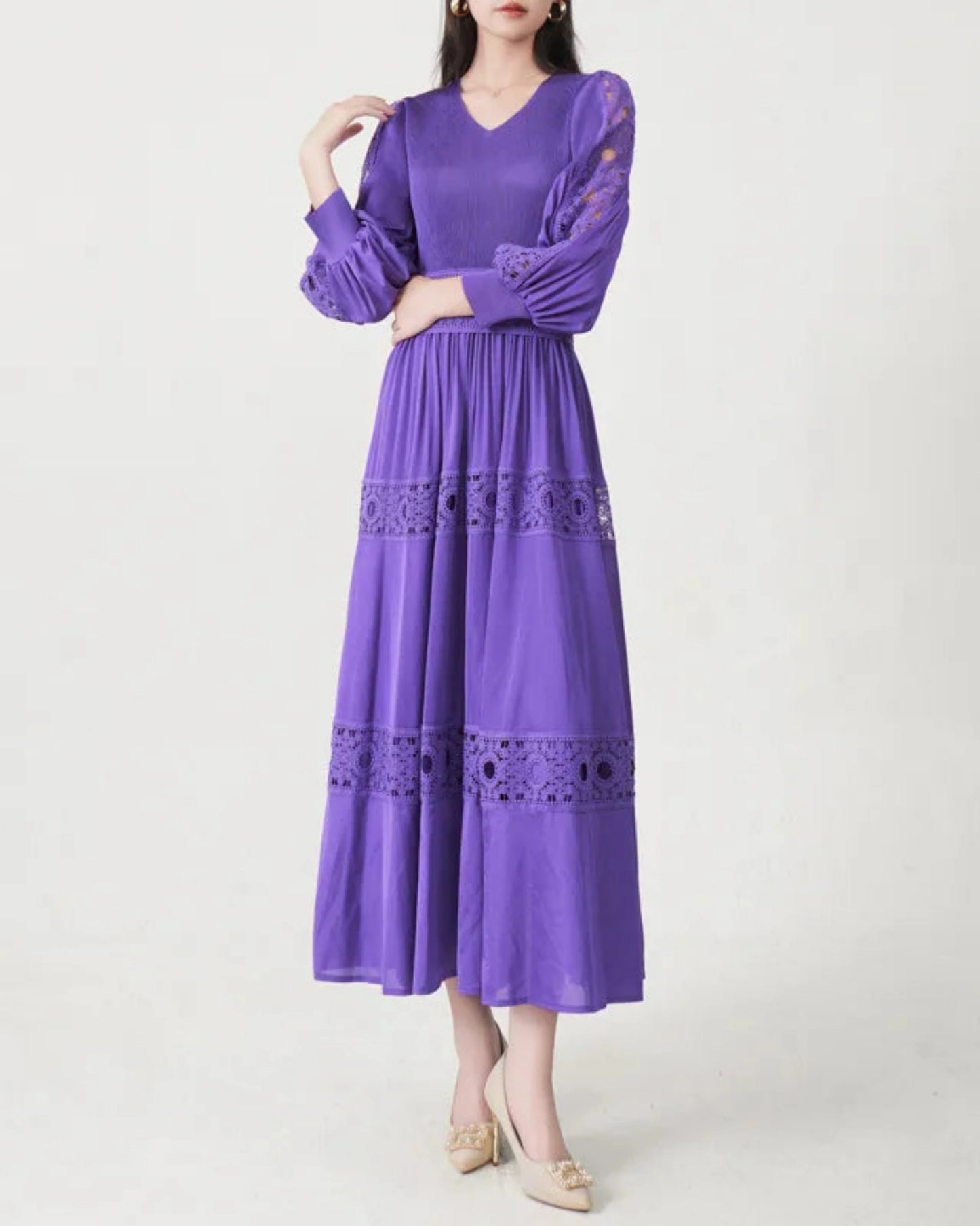 Luxury Fitted-Waist Plissé Dress