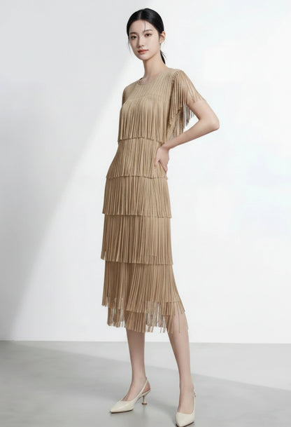Fringe Pleated Midi Dress