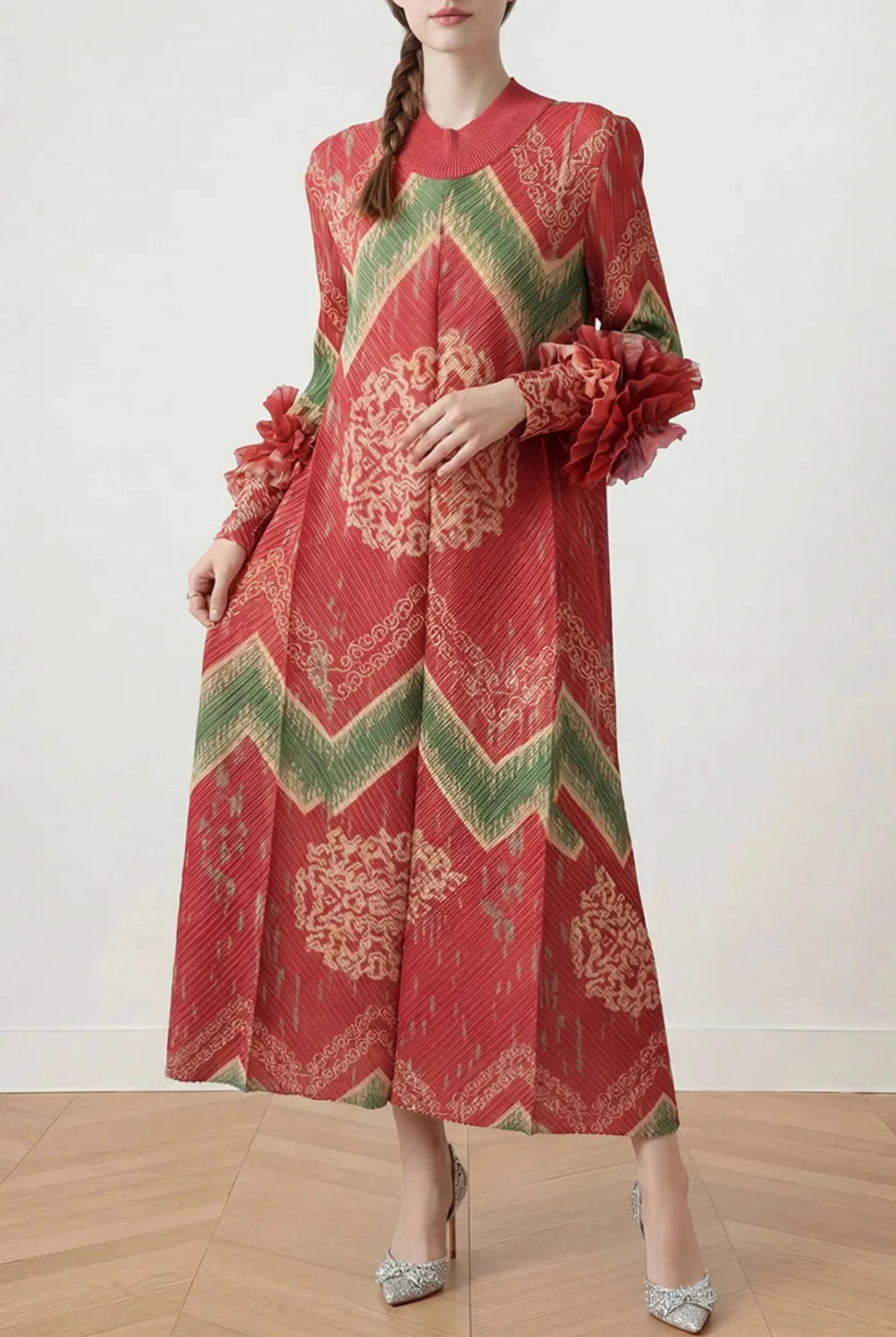 Plissé Ruffle-Sleeve Dress
