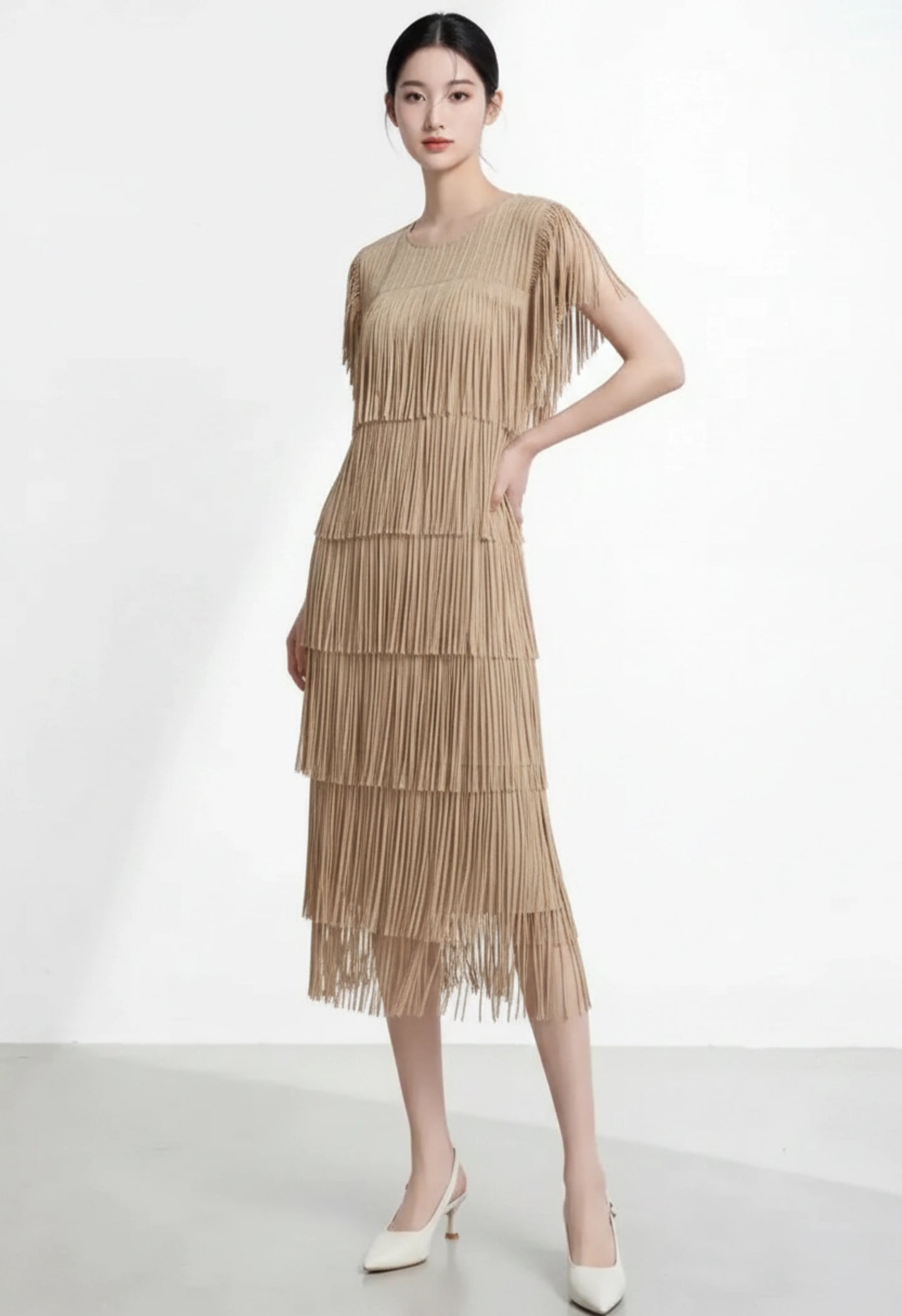 Fringe Pleated Midi Dress