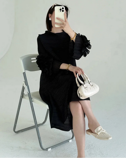 Luxe Floral-Sleeve Pleated Dress